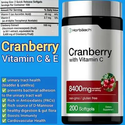 Horbäach Cranberry, for Women & Men, cranberry, Concentrated Extract 50:1, with Vitamin C and E, UTI Prevention, Bad bacteria, Bacterial Adhesion, Urinary Tract, Bladder, Hygiene, 200 Softgels Cranberry 