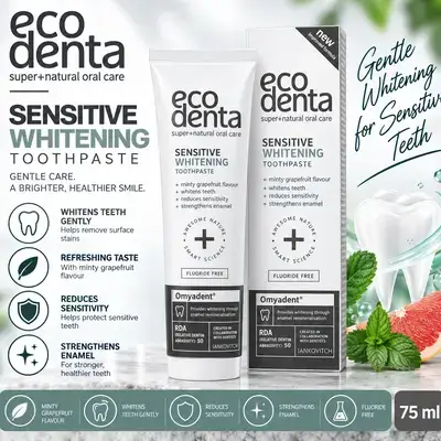 Eco Denta Sensitive Whitening Toothpaste — Minty Grapefruit Flavour, Fluoride-Free, 75 ml