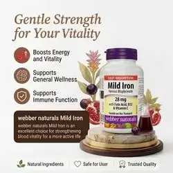 Mild Iron Ferrous Bisglycinate 28mg with Folic Acid, B12 & Vitamin C webber naturals (30 capsules)