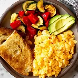 Scramble Egg With Grilled Vegetables, Avocado And Toast