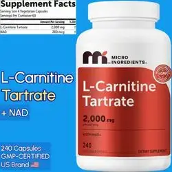 L carnitine Tartrate, Ultra Potency, 500mg per Capsule, with NAD, Carnitine, L Carnitine, Supports fat metabolism for Energy, fertility, hormones, for Men and Women, 240 Capsules L Carnitine