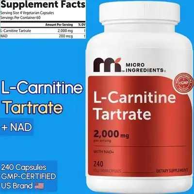 L carnitine Tartrate, Ultra Potency, 500mg per Capsule, with NAD, Carnitine, L Carnitine, Supports fat metabolism for Energy, fertility, hormones, for Men and Women, 240 Capsules L Carnitine