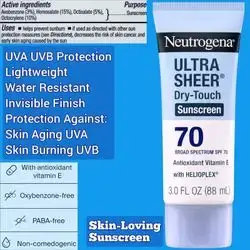 Neutrogena Ultra Sheer Dry Touch Sunscreen Lotion, SPF 70, Broad Spectrum UVA UVB Protection, Lightweight Water Resistant up to 80 Minutes, Oil PABA Oxybenzone Free, 88ml sunscreen