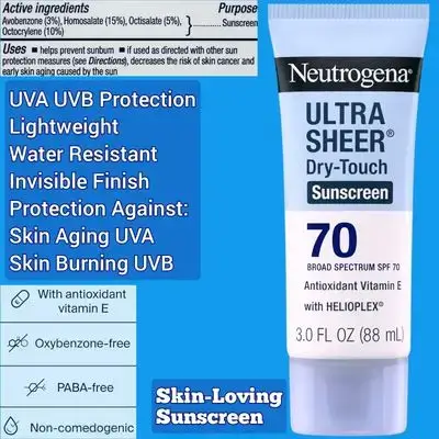 Neutrogena Ultra Sheer Dry Touch Sunscreen Lotion, SPF 70, Broad Spectrum UVA UVB Protection, Lightweight Water Resistant up to 80 Minutes, Oil PABA Oxybenzone Free, 88ml sunscreen