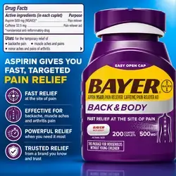 Bayer Aspirin, Back & Body, 500mg Aspirin Plus Caffeine for Powerful Pain Relief, Aspirin, Pain Relief, 200 Coated Caplets Aspirin
