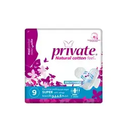 Private Natural Cotton Feel, Maxi, Folded with wings, Super Sanitary Pads, 9 pads