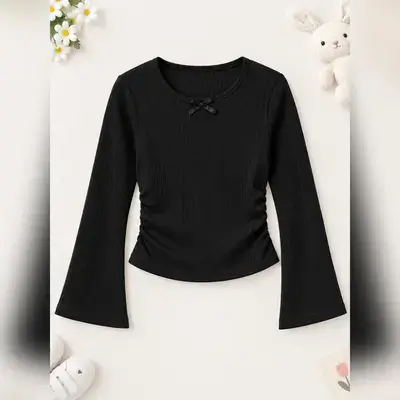 SHEIN Tween Girls' Ribbed Knit Top featuring a round neckline - 10 Years