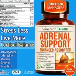 Adrenal Support, Ashwagandha, Rhodiola Rosea, Holy Basil, Ginseng, Adaptogen Complex, Cortisol Manager & Stress Support, Enhanced Absorption, Stress Relief, Calmness, Sustained Energy, Mood, 60 Capsules