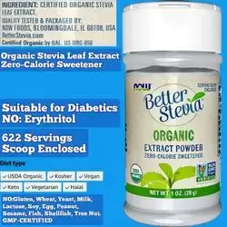 NOW Foods, Certified Organic Better Stevia, Extract Powder, Zero-Calorie Sweetener, Suitable for Diabetics, No Blends, Keto, Stevia, Stevia Powder, Stevia Sweetener, Non-GMO, (1-OZ 28G) Stevia