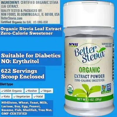 NOW Foods, Certified Organic Better Stevia, Extract Powder, Zero-Calorie Sweetener, Suitable for Diabetics, No Blends, Keto, Stevia, Stevia Powder, Stevia Sweetener, Non-GMO, (1-OZ 28G) Stevia