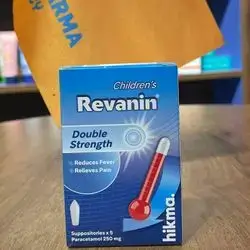 childrens revanin double strength reduce fever , relieves pain 5 suppositories paracetamol 250mg -hikma