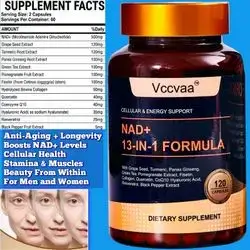 NAD with Resveratrol, Nicotinamide Riboside, Quercetin, CoQ10, Grape Seed extract, Fisetin, Hydrolyzed Collagen, Ginseng, Hyaluronic Acid, Anti-Aging, Longevity, Beauty, Energy, Focus, Immunity, Cellular Health, 120 Capsules nad