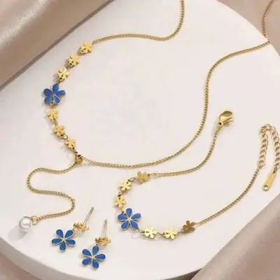 4pcs Golden Stainless Steel Gold-Plated Blue Drip Enamel Flower Tassel Necklace
