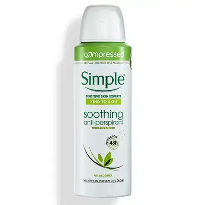 Simple Kind to Skin Soothing Anti-Perspirant Aerosol Women's Deodorant with vitamins B and C for 48 hour protection 125 ml /مزيل عرق بخاخ لطيف ومهدئ للبشرة للنساء مع فيتامينات B و C لحماية تدوم 48 ساعة 125 مل
