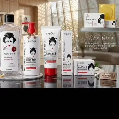 Sadoer Kojic Acid Whitening Freckles Skincare Set ( Shower Gel 500ml, Body Lotion, Cleanser, Face Cream, Serum, and Free Soap)