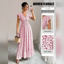 Elenzga New Women's Shirred Woven Ditsy Floral Dress - Small