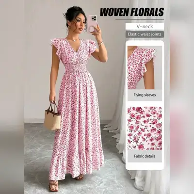 Elenzga New Women's Shirred Woven Ditsy Floral Dress - Small