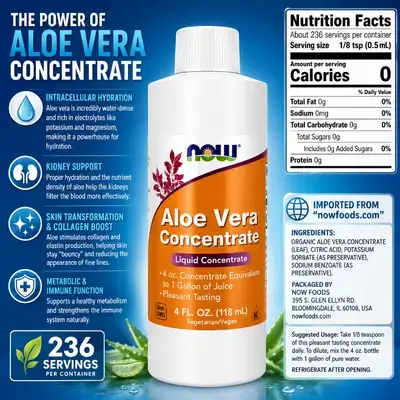 NOW Supplements, Aloe Vera Concentrate (40:1 Concentrate Contains Active Polysaccharides), digestive support, probiotics food, intercellular hydration, kidney health, skin beauty, collagen & elastin boost, manage blood glucose, 118ml 236 Servings
