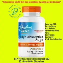 Doctor's Best High Absorption CoQ10 with BioPerine Supplement - Coenzyme Q10 for Heart Health & Anti-Aging & Energy Production , Naturally Fermented CoQ10 100mg for Women & Men, 120 Softgels q10