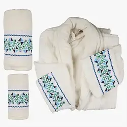 Bathroom Set, 3 Pieces, Hand-Embroidered Ottoman Stitch (Towel, Bathrobe, Large Towel)