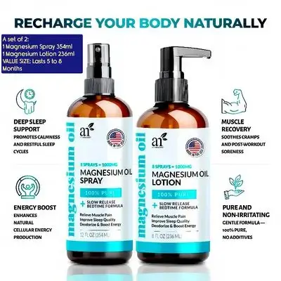 ArtNaturals Magnesium Oil Spray 354ml + Body Massage Lotion Set 236ml for Feet & Sleep - Extra Strength Cream Ultra-Pure, Relief & Relaxation, Muscle Health Leg & Joint Care Topical Non Itch (2 Items)
