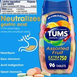 TUMS Antacid Tablets, for Stomach Relief, Heart burn, Sour Stomach, Acid Indigestion, Upset stomach, Calcium Carbonate, America's No.1 Antiacid, 96 Count antiacid