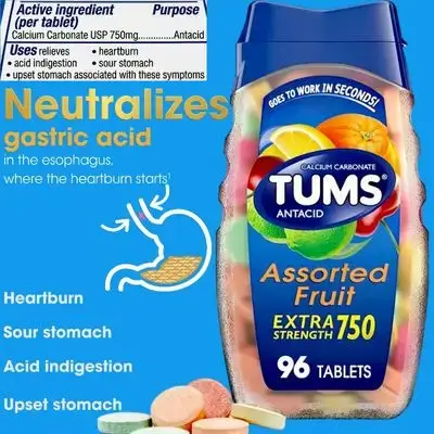 TUMS Antacid Tablets, for Stomach Relief, Heart burn, Sour Stomach, Acid Indigestion, Upset stomach, Calcium Carbonate, America's No.1 Antiacid, 96 Count antiacid