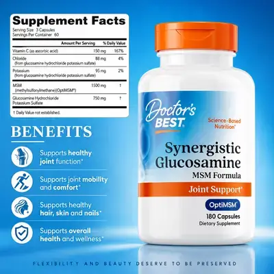 Doctor's Best, Synergistic Glucosamine with MSM Formula, Joint Health, Mobility and Flexibility, Skin and Hair Beauty, for Women & Men, Vitamin C, Potassium, Chloride, Glucosamine, MSM, 180 Capsules Glucosamine 