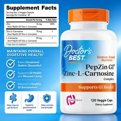 Doctor's Best, PepZin GI, Zinc-L-Carnosine Complex, Zinc Carnosine, L Carnosine, Men & Women, for Gut Health, Digestive Support, & Stomach Comfort, Bad Bacteria, Zinc L Carnosine, 120 Veg Capsules PepZin 