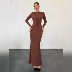 Aloruh Women's  Front Twist Design Fitted Brown Dress - Small