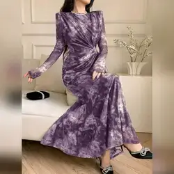 Feyla Women All-Over Print Twist Knot Elegant Long Sleeve Dress - Medium