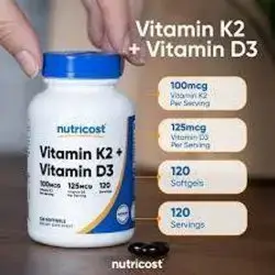 Nutricost Vitamin K2 (100mcg) + Vitamin D3125mcg (5000 IU) 120 Softgels, Supplement