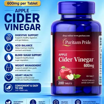 Apple Cider Vinegar, ACV, (600mg) per Tablet, Supports Healthy Cholesterol & Heart, blood sugar spike, digestion, gas & Bloating, gut Microbiome, 200 Tablets apple cider vinegar 