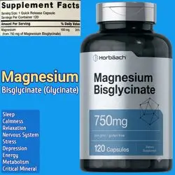 Horbaach, Magnesium Glycinate, magnesium Bisglycinate, magnesium, 750mg, Gentle on the Stomach, High Absorption, 120 Capsules magnesium