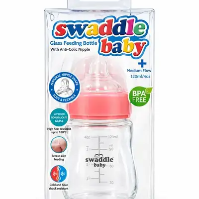 Swaddle baby glass feeding bottle with anti-colic nipple medium flow 120ml