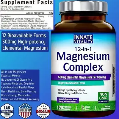 Magnesium Complex, 12 in 1 Magnesium, magnesium glycinate, Malate, Taurate, Aspartate, Orotate, 500 mg Elemental Magnesium, Highly Bioavailable, for Nerves, Sleep, Heart, Energy, 120 Veg Caps magnesium