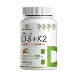 DEAL SUPPLEMENT Vitamin D3 10,000 IU + K2 MK7 200mcg Softgels, 250 Count | 2-in-1 Complex with Virgin Coconut Oil | Supports Heart, Bone, Teeth & Immune Health | Easy to Swallow
