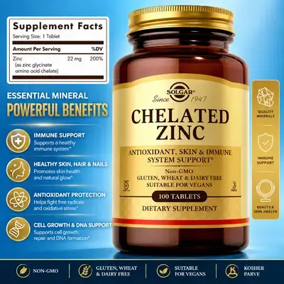 Solgar, Chelated Zinc, Zinc Glycinate, for Healthy Skin, Immunity, Hair Growth, Cells, DNA, Antioxidants, Cell Growth & DNA Formation, Exerts Antioxidant Activity, 100 Tablets Zinc Chelate 