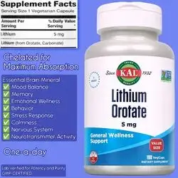 Lithium Orotate, 5mg, Low Dose Lithium for General Wellness Mood Support, Chelated Highly Bioavailable, Vegan, Lab Verified for Potency and Purity, Emotional health, mood balance, Bipolar Disorder, 6 Months supply, 180 Capsules Lithium