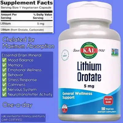 Lithium Orotate, 5mg, Low Dose Lithium for General Wellness Mood Support, Chelated Highly Bioavailable, Vegan, Lab Verified for Potency and Purity, Emotional health, mood balance, Bipolar Disorder, 6 Months supply, 180 Capsules Lithium