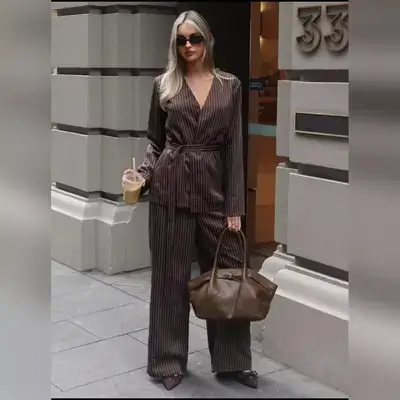 Aloruh Women's Brown Striped Casual Bissness Suit Set - Small