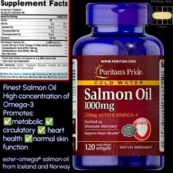 Omega 3 Salmon Oil 1000 mg (210 mg Active Omega-3), Finest Purest Salmon Oil, High Quality Omega3 Concentration, Promotes Metabolism, Heart, Brain, Circulation, Skin, Aging, 120 Softgels Omega 3