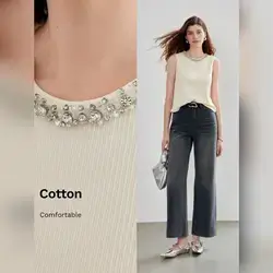 MOTF STUDIO Women's Rhinestone Decor Round Neck Tank Top - Large