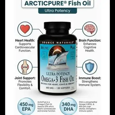 Source Naturals ArcticPure Ultra Potency 850 mg Omega-3 Fish Oil, Omega 3, omega 3, omega3 , 450mg EPA and 340mg DHA per ONE Softgel, 120 Softgel