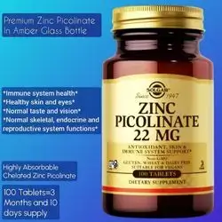 Solgar Zinc Picolinate 22 mg, zinc picolinate, Promotes Healthy Skin, Supports Immune System, Normal Taste & Vision - Antioxidant – Non-GMO, Vegan, Gluten Free, Kosher, Premium Zinc, Glass Bottle, 100 Tablets zinc