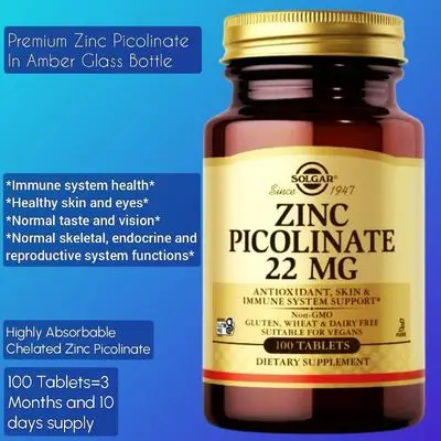 Solgar Zinc Picolinate 22 mg, zinc picolinate, Promotes Healthy Skin, Supports Immune System, Normal Taste & Vision - Antioxidant – Non-GMO, Vegan, Gluten Free, Kosher, Premium Zinc, Glass Bottle, 100 Tablets zinc