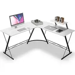 White L-Shaped Corner Desk with Monitor Shelf