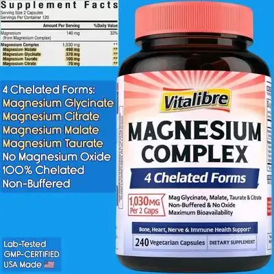 Magnesium Complex, 4 in 1 Forms, 100% Chelated, Magnesium Glycinate, Magnesium Malate, Magnesium Taurate, Magnesium Citrate, NO Magnesium OXIDE, Non-Buffered, Bone, Heart, Nerve & Immune Support, 240 Caps Magnesium Complex