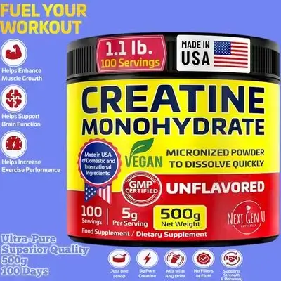 Creatine Monohydrate Powder - 5000 mg per Serving, Creatine Monohydrate, Micronized Unflavored Pure Food Supplement - Muscles, Energy, Lean Muscle, ATP, Fat Loss, Rapid Recharge, Cognitive Function, 500g creatine