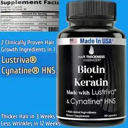Lustriva, Cynatine HNS Keratin, Hair Growth Formula, 2 Proven Ingredients, Soluble Keratin and Biotin 10000mcg in 1 Capsule, Nutrients for Hair & Skin, For Women & Men, 30 Capsules Lustriva